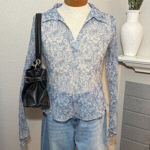 Sense Sheer Blue Floral Paisley V Neck with Collar – Misty Blue (Size M)